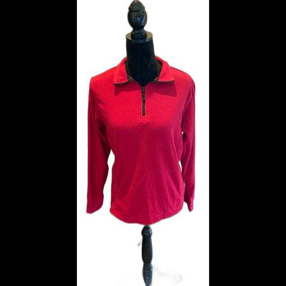 Lands’ End Fleece Jacket Top Sz Medium 10-12 Red 1/4 Zip Casual  Therma Check - Picture 1 of 10